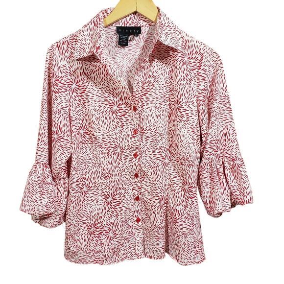 Ninety button up bubble hem sleeve spiral pattern printed blouse woman's size M - Picture 1 of 10